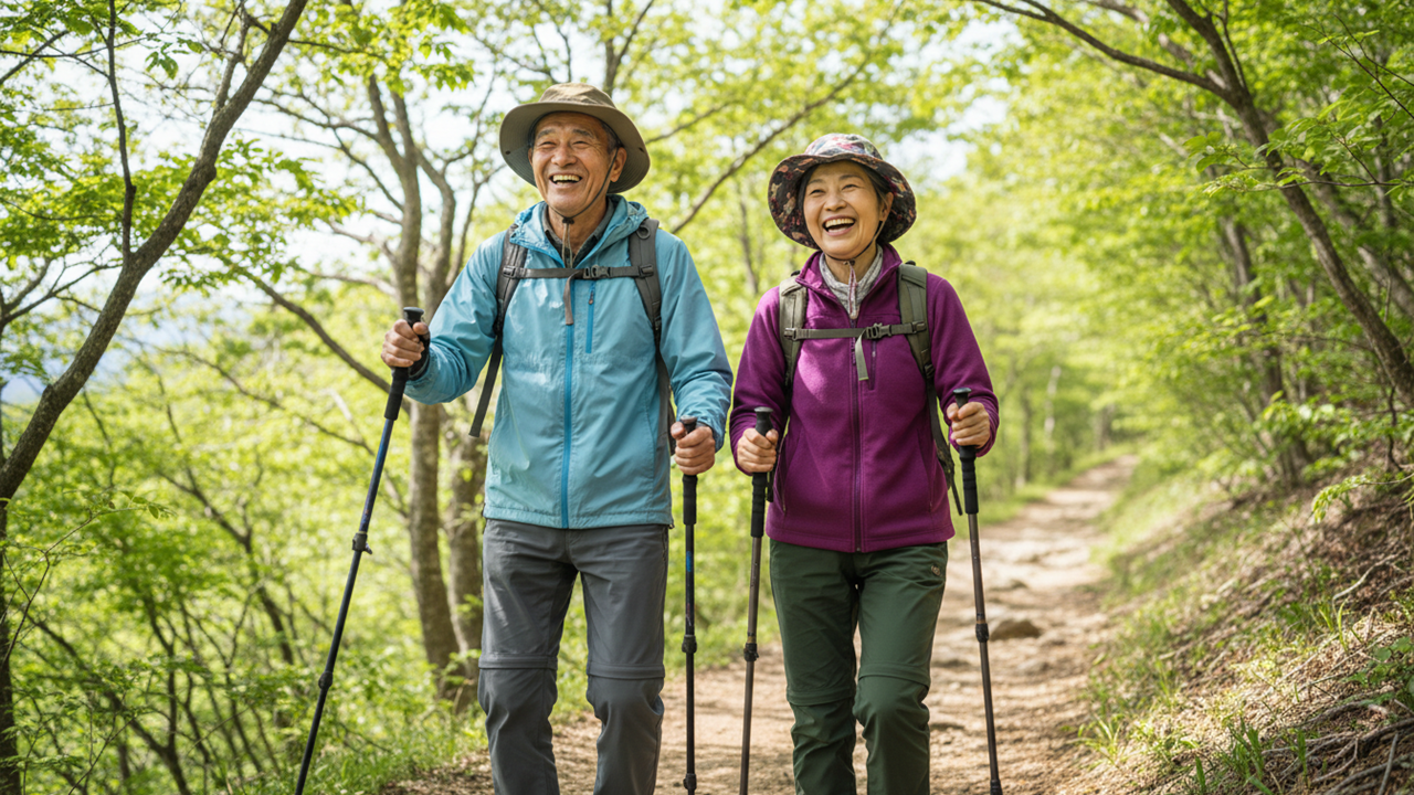 初老の夫婦が楽し気にハイキングする様子